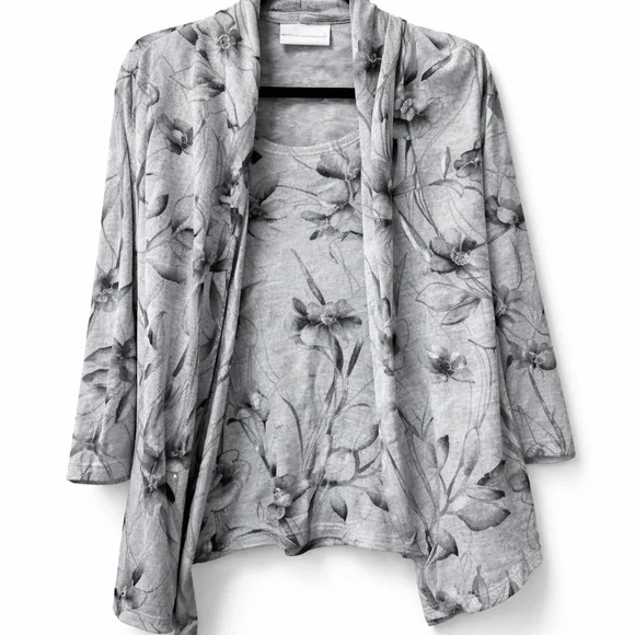 Alfred Dunner Gray Floral 2pc Cardigan Tank Set L Stretch - Picture 1 of 8